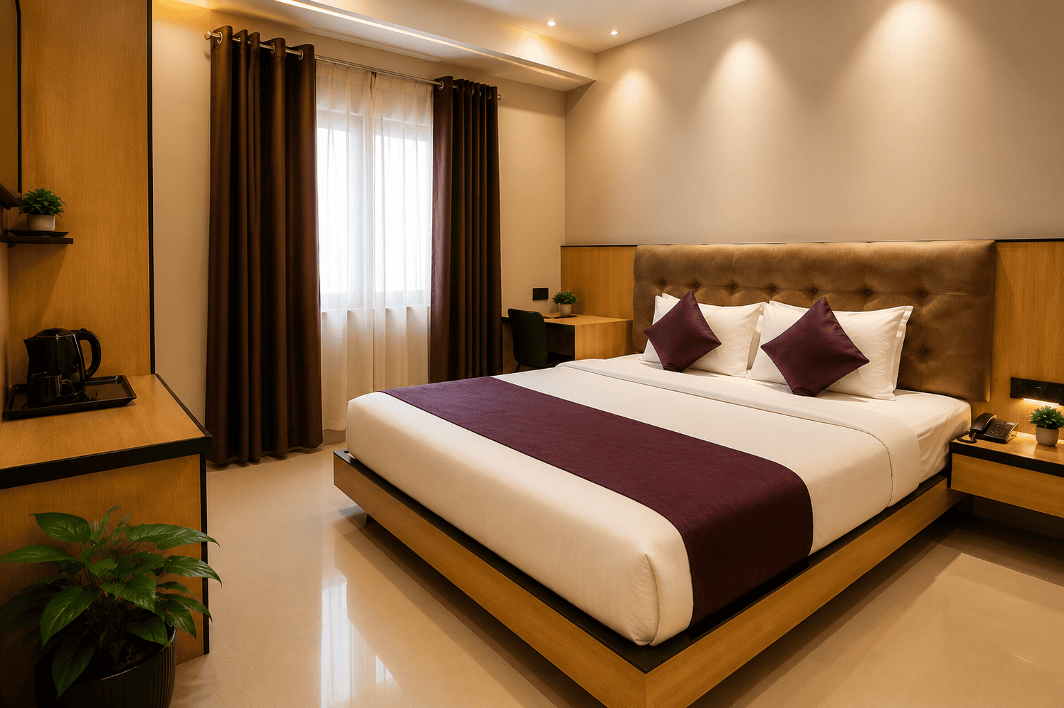 Elegant luxury hotel room with king size bed, warm lighting, and modern interior design representing premium stay experience at Komfort Stay Guwahati